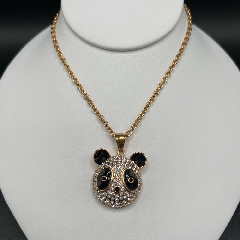 Panda Head Pendant Necklace Crystal & Black Gold Tone Chain 19”